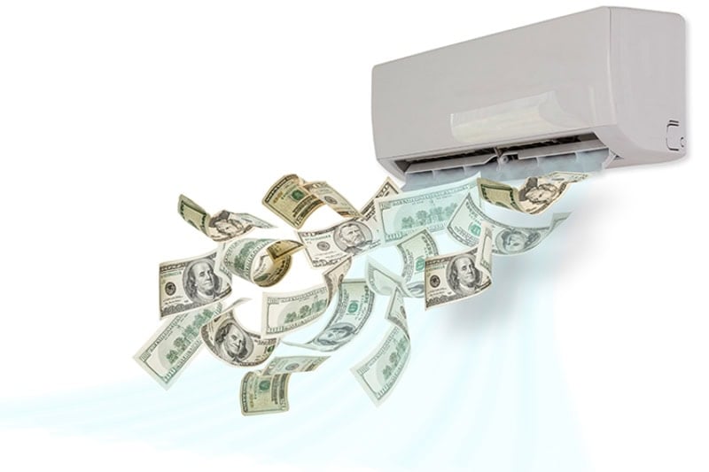 Concept of dollar bills blowing out of a ductless HVAC unit to symbolize spending money on repairs.