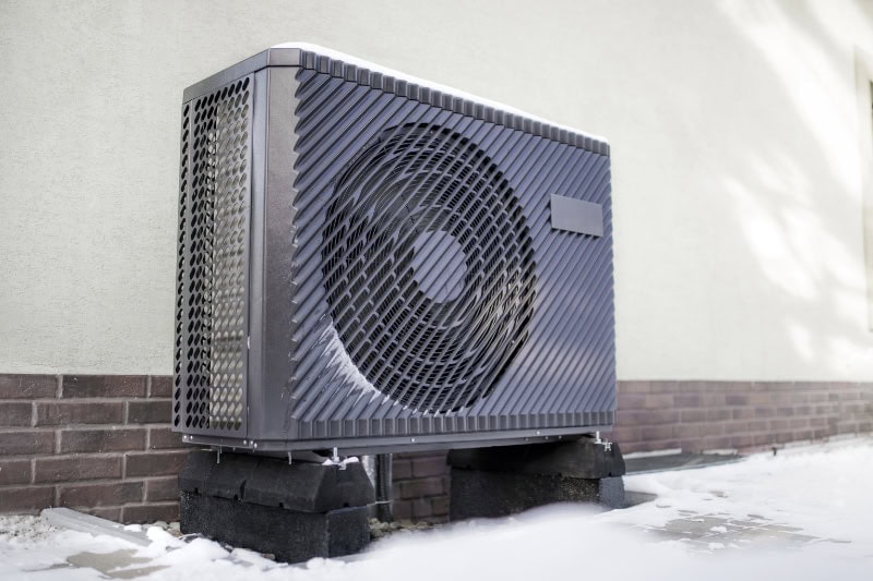 Air source heat pump in winter conditions.