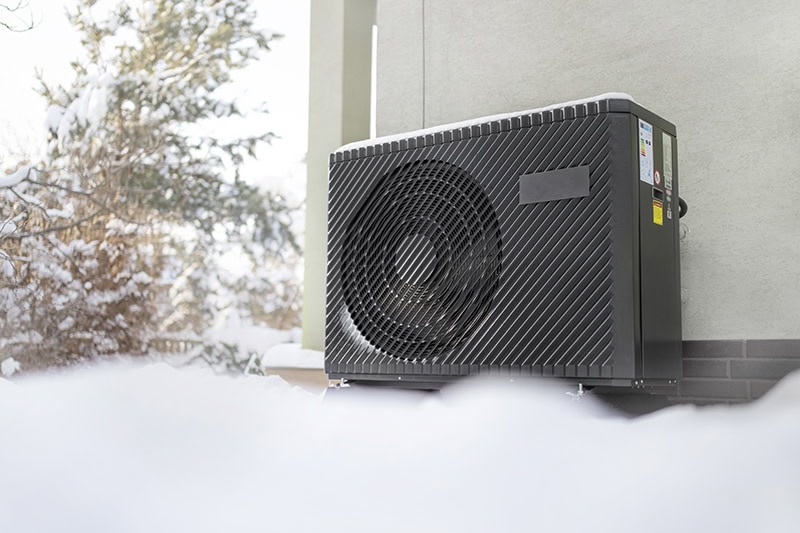 Air source heat pump in winter conditions.
