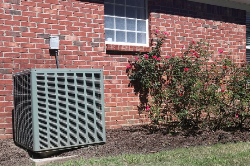 Air conditioner unit at a home with rose bushes.